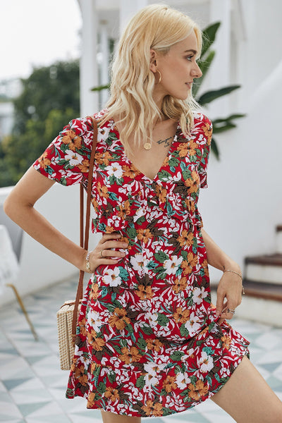 V Neck Floral Ruffle Short Sleeve Dress