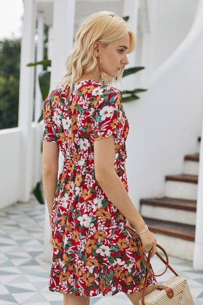 V Neck Floral Ruffle Short Sleeve Dress