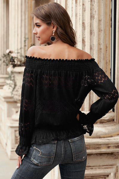 Off Shoulder Smocked Long Sleeve Blouse