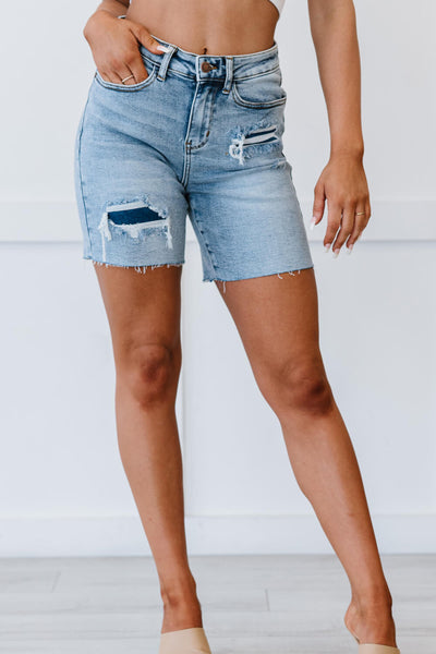 Judy Blue Hallie Full Size Mid-Length Denim Patch Shorts