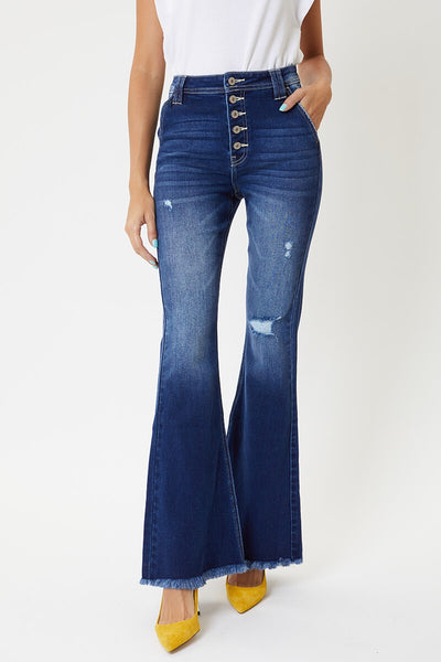 High Rise Exposed Button Up Flare Jeans