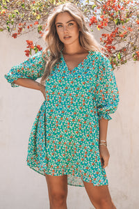 Floral Three-Quarter Balloon Sleeve Dress