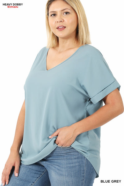 Plus Size Woven Dobby Rolled Sleeve V-Neck Top In Black.