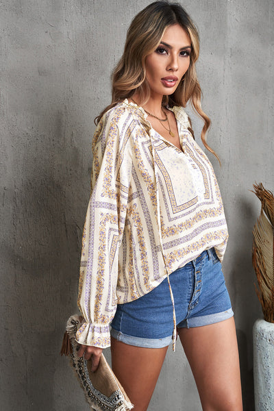 Printed Flounce Sleeve Ruffled Neck Blouse