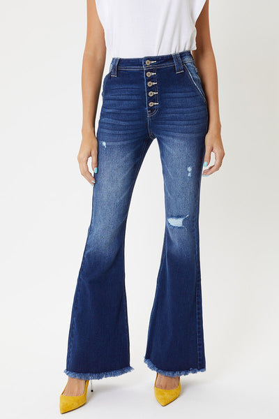 High Rise Exposed Button Up Flare Jeans