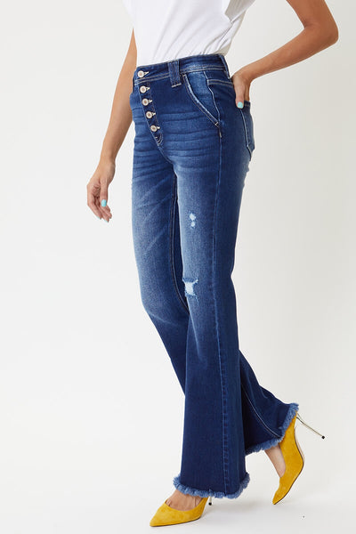 High Rise Exposed Button Up Flare Jeans