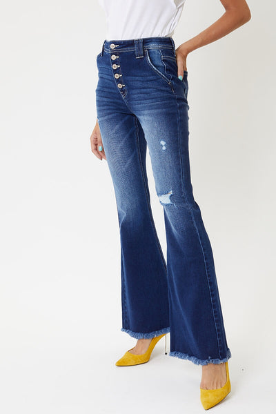 High Rise Exposed Button Up Flare Jeans