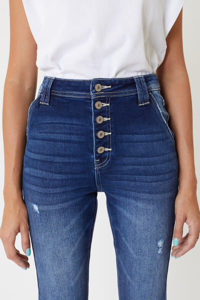 High Rise Exposed Button Up Flare Jeans