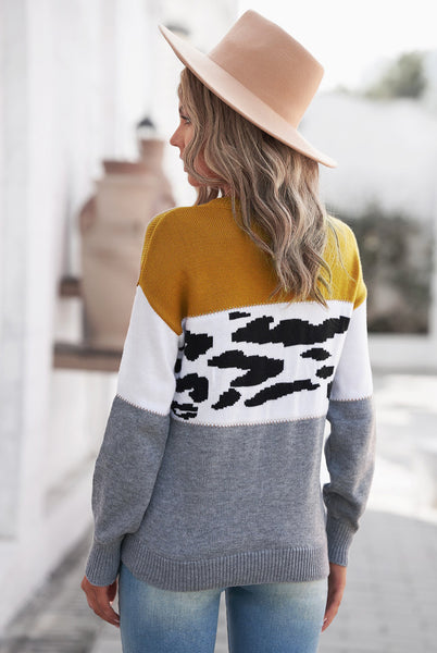 Leopard Color Block Ribbed Trim Dropped Shoulder Sweater