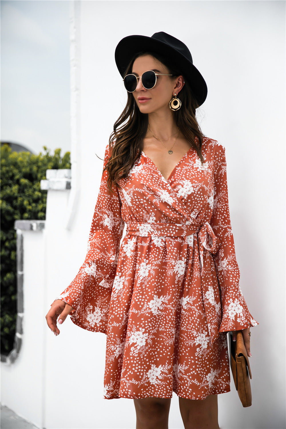 Floral Print Wrap V Neck dress