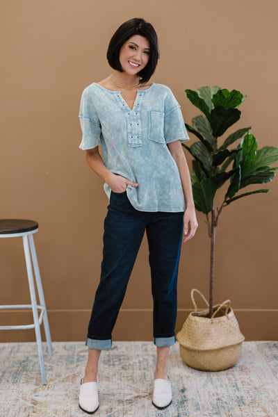 BiBi Something New Thermal Knit Top in Denim