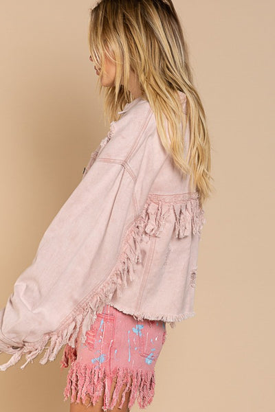 Fringe Distressed Crop Denim Jacket