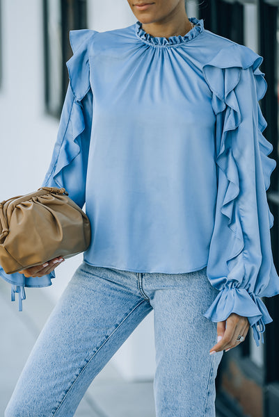 Ruffled Sleeve Frill Neck Gathered Detail Blouse