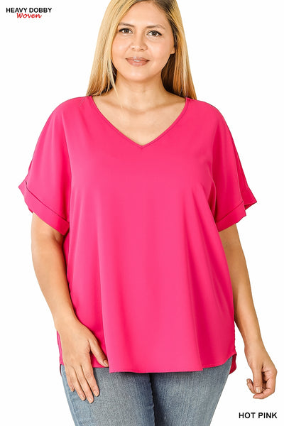 Plus Size Woven Dobby Rolled Sleeve V-Neck Top In Black.