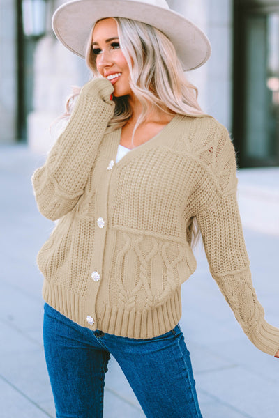 Mixed Knit Rhinestone Button V-Neck Cardigan