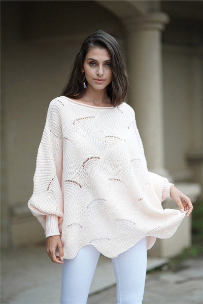 Openwork Boat Neck Sweater with Scalloped Hem