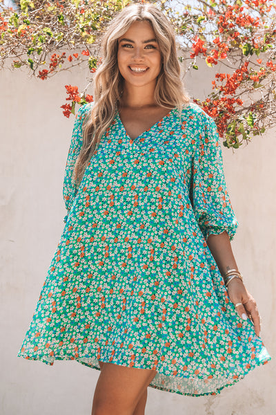 Floral Three-Quarter Balloon Sleeve Dress