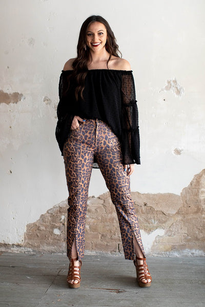 Women's Paneled Leopard Jeans With Rhinestones