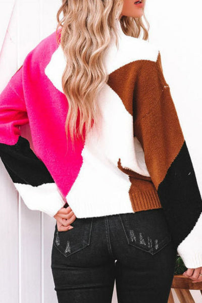 Color Block Mock Neck Ribbed Trim Sweater