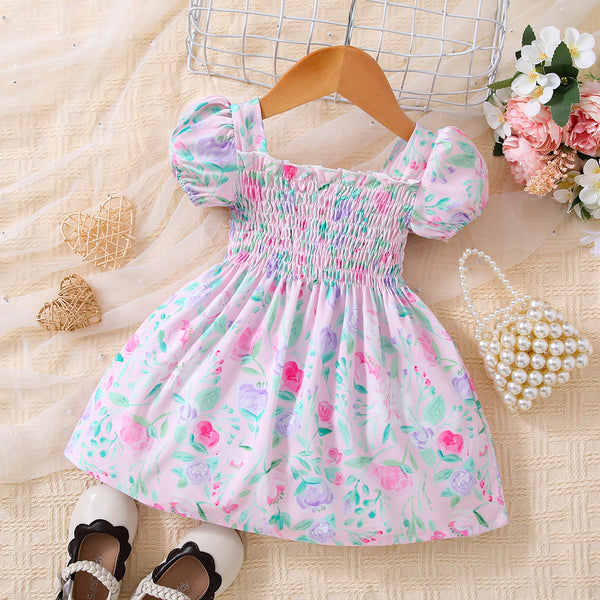 Baby Girl Floral Ruffle Trim Smocked Dress