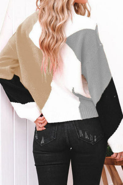 Color Block Mock Neck Ribbed Trim Sweater