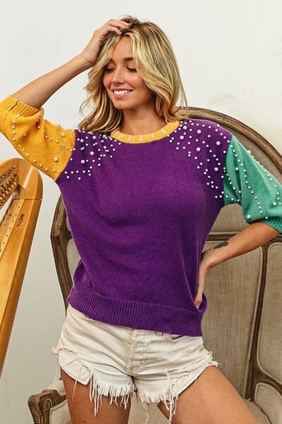 BiBi Color Block Pearl Detail Round Neck Sweater