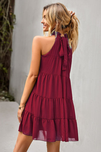 Tie Back Ruffle Collar Tiered Dress