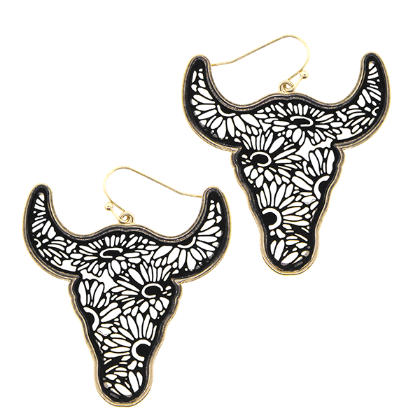 Steer Head Floral Gold Black Fish Hook Earrings