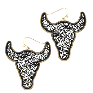 Steer Head Floral Gold Black Fish Hook Earrings