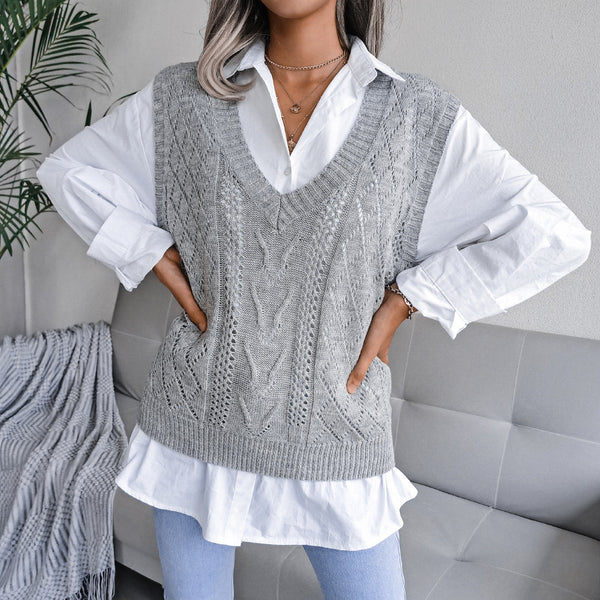 Openwork Ribbed Trim V-Neck Capped Sleeve Sweater Vest