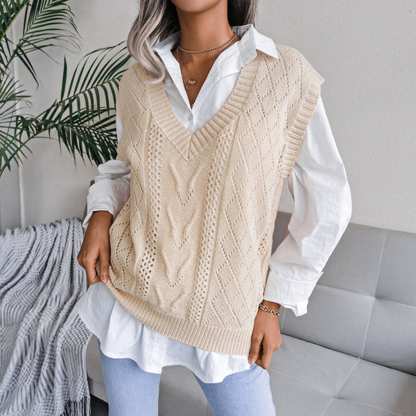 Openwork Ribbed Trim V-Neck Capped Sleeve Sweater Vest