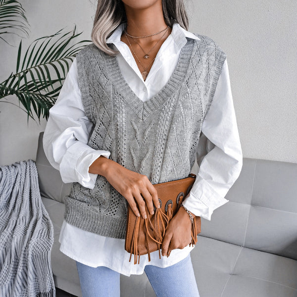 Openwork Ribbed Trim V-Neck Capped Sleeve Sweater Vest