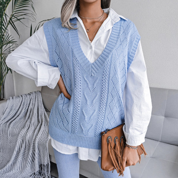 Openwork Ribbed Trim V-Neck Capped Sleeve Sweater Vest