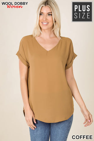 Plus Size Dobby Short Cuff Sleeve V-Neck Round Hem Top - Relaxed Fit (Woven) Coffee