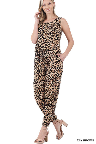 LEOPARD PRINT SLEEVELESS JOGGER JUMPSUIT WITH POCKETS