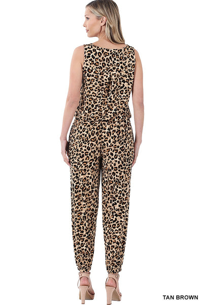 LEOPARD PRINT SLEEVELESS JOGGER JUMPSUIT WITH POCKETS