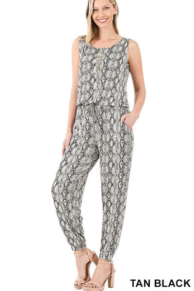 Snake Skin Print Sleeveless Jogger Jumpsuit with Pockets
