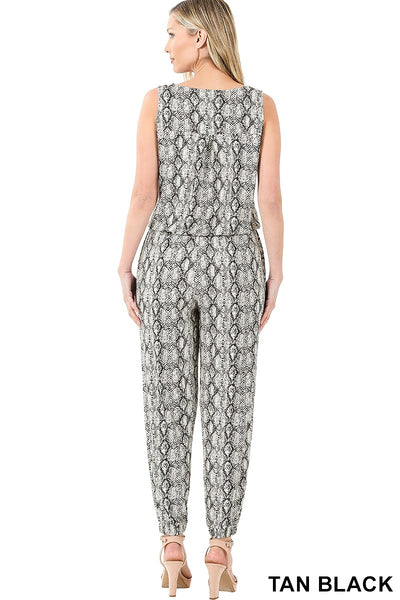 Snake Skin Print Sleeveless Jogger Jumpsuit with Pockets