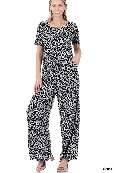 Grey Leopard Print Short Sleeve Jumpsuit With Pockets