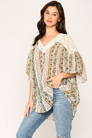 Crochet Trimmed V-Neckline Dolman Sleeve Top