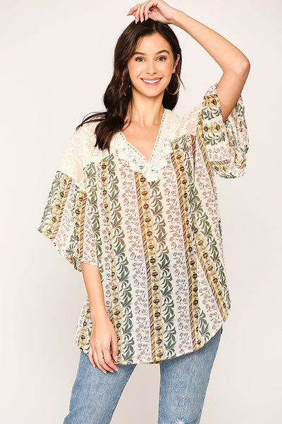Crochet Trimmed V-Neckline Dolman Sleeve Top
