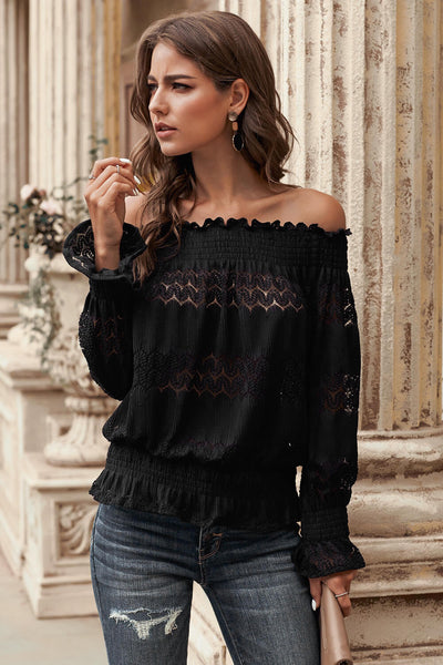 Off Shoulder Smocked Long Sleeve Blouse