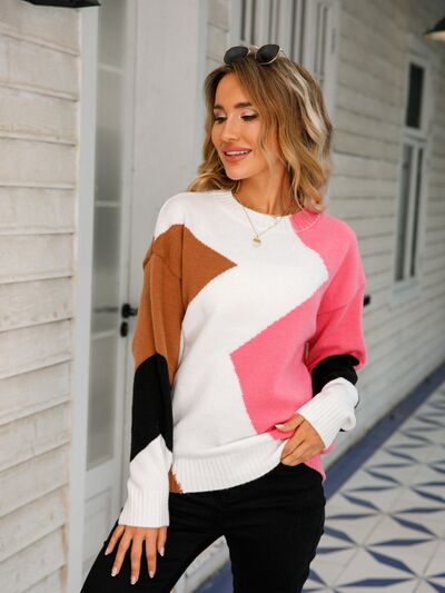 Color Block Round Neck Dropped Shoulder Sweater