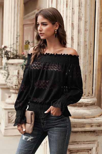 Off Shoulder Smocked Long Sleeve Blouse