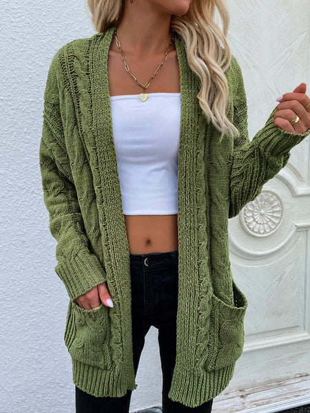 Cable-Knit Open Front Cardigan with Front Pockets