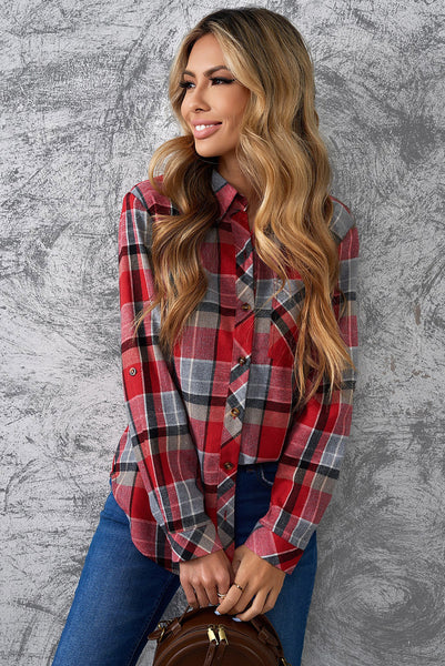 Plaid Button Front Curved Hem Shirt