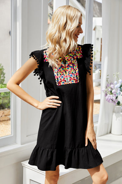 Graphic Embroidered Ruffle Hem Dress