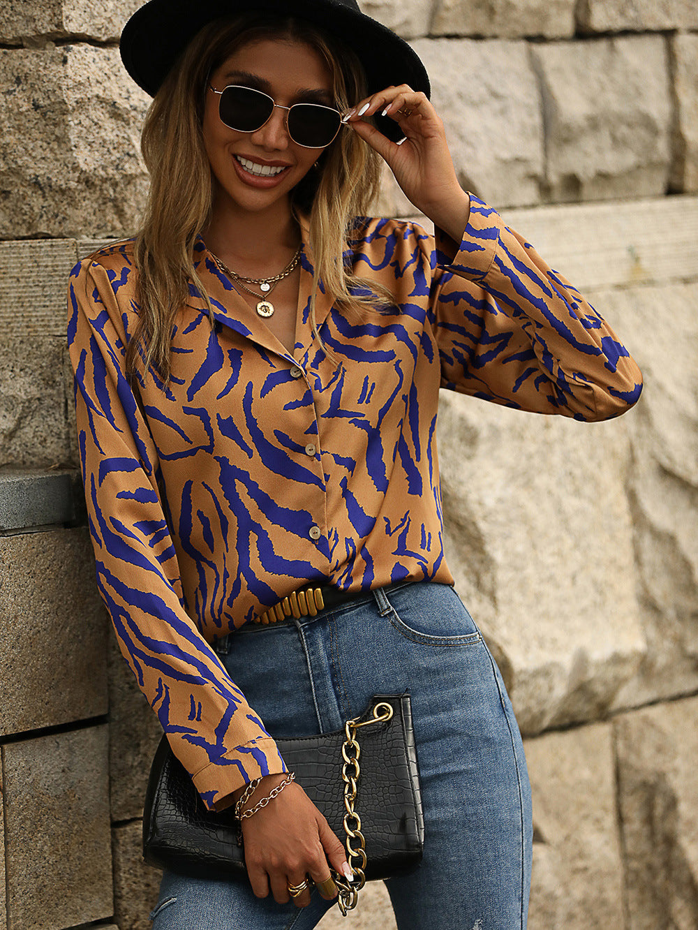 Animal Print Lapel Collar Satin Shirt