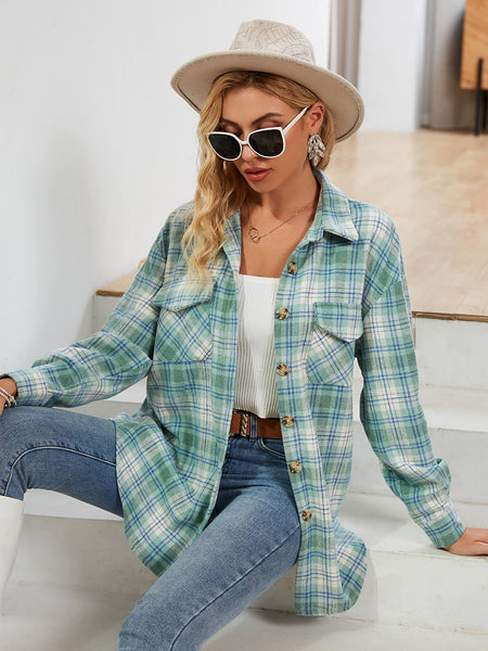 Plaid Button Front Dropped Shoulder Shirt Jacket