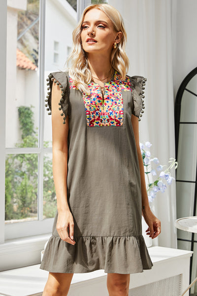 Graphic Embroidered Ruffle Hem Dress